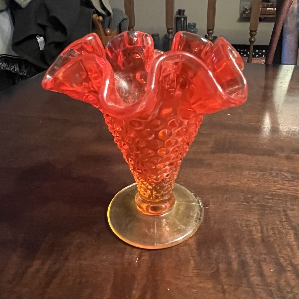 Fenton Ruffle Top Amberina Hobnail Posey Bud Vase